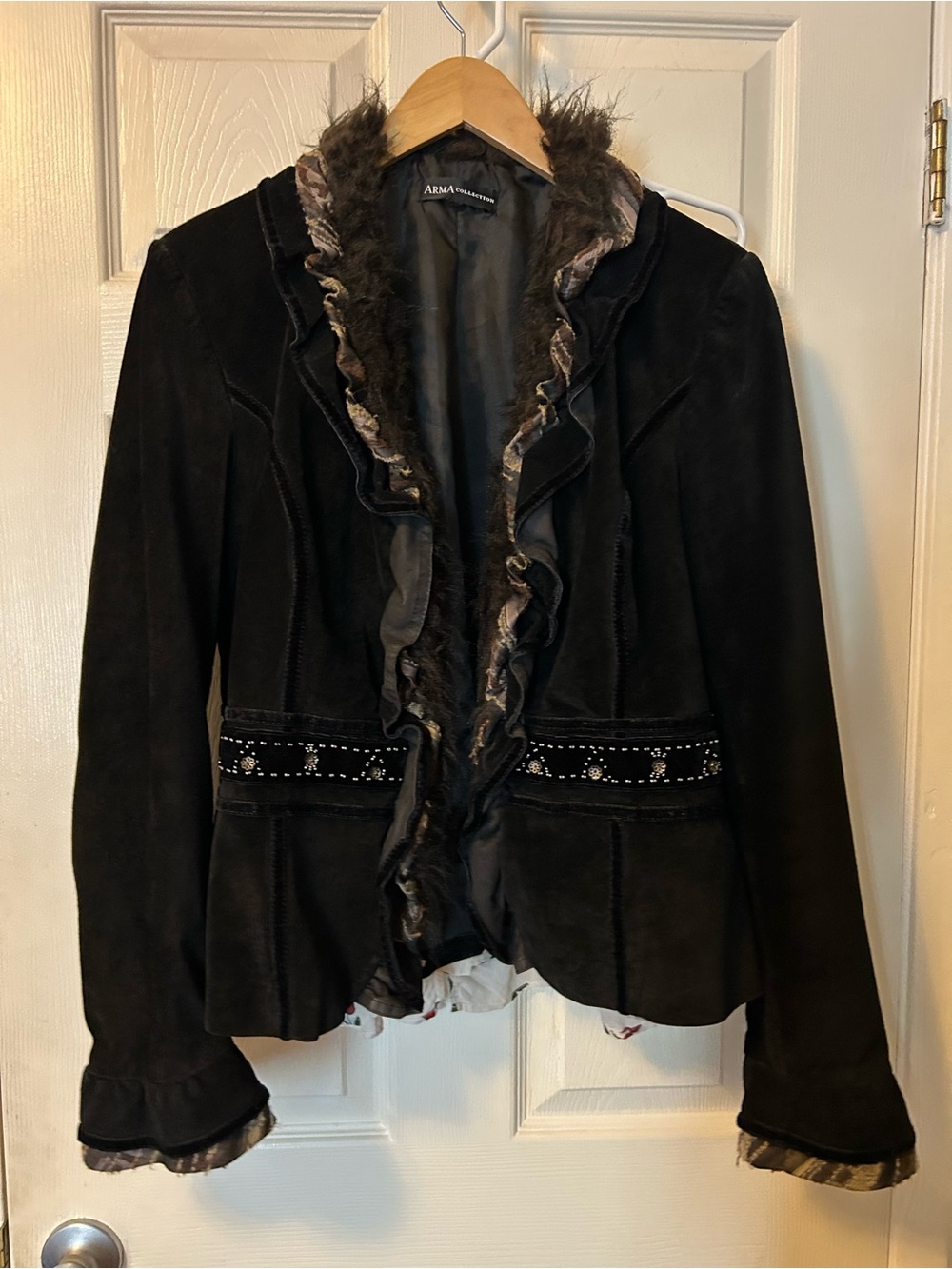 Black Suede Ruffle-Trim Leather Jacket